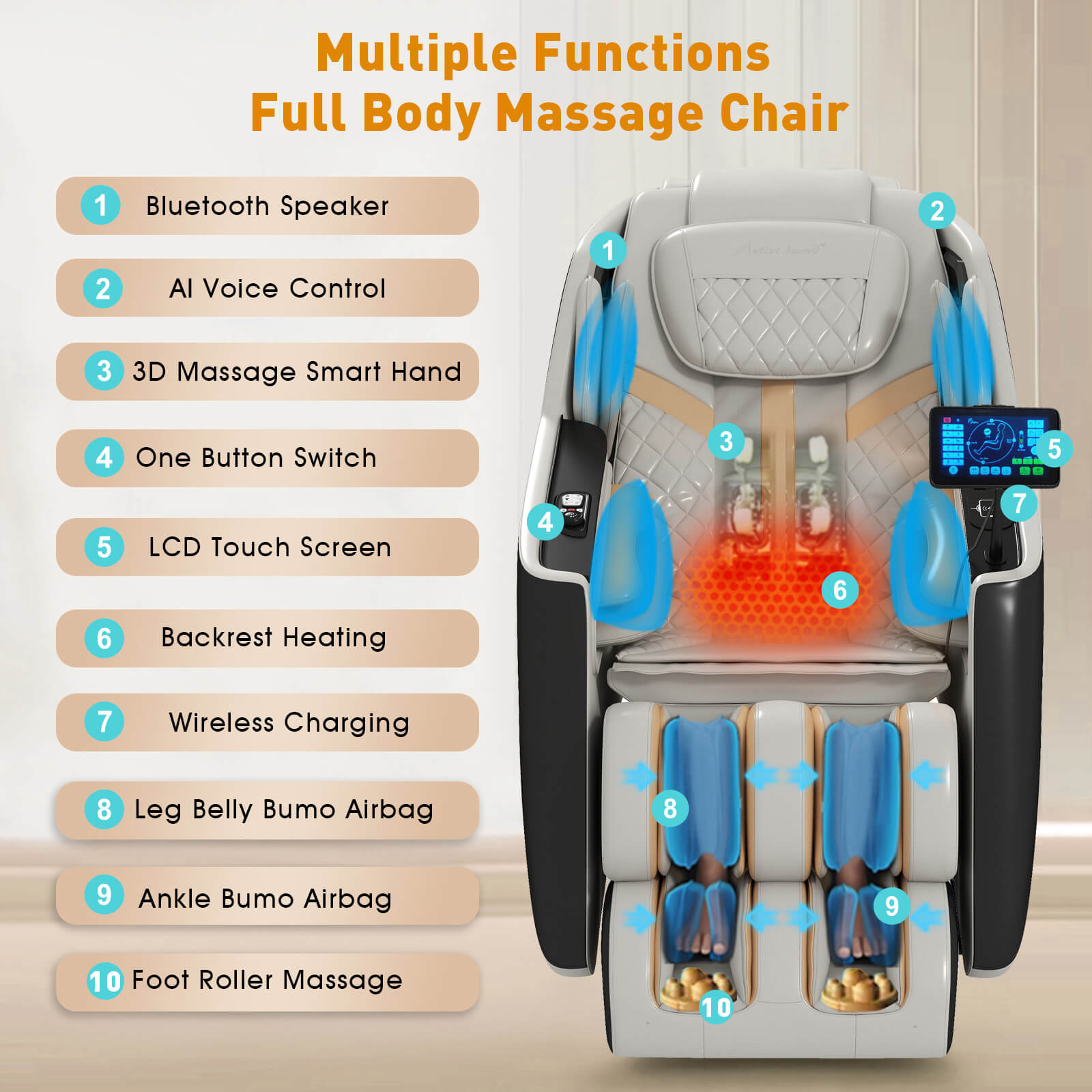 #2031 3D Full Body Massage Chair, Zero Gravity Recliner Chair with AI Voice Control, Back and Calf Heating, Bluetooth Speakers, and Foot Massager, Full Body Airbags Compression Massage