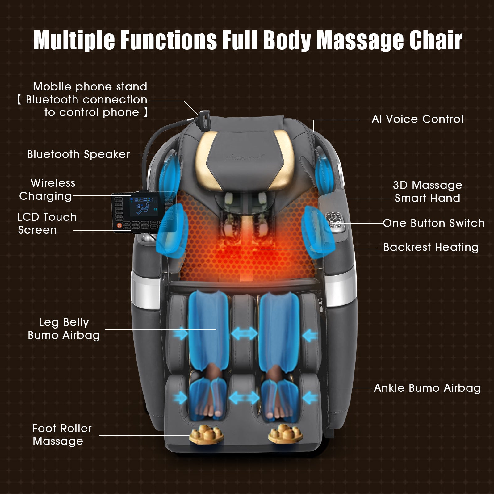 #2021 Full Body Massage Chair with Patented Phone Controller, Zero Gravity Shiatsu Recliner with AI Voice Control, Back and Calf Heating, Bluetooth Speakers, and Foot Massager